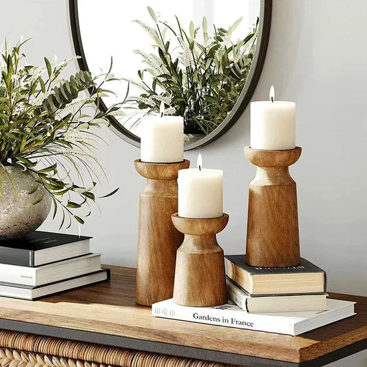 Rustic Wooden Candlestick Set (Set of 3)